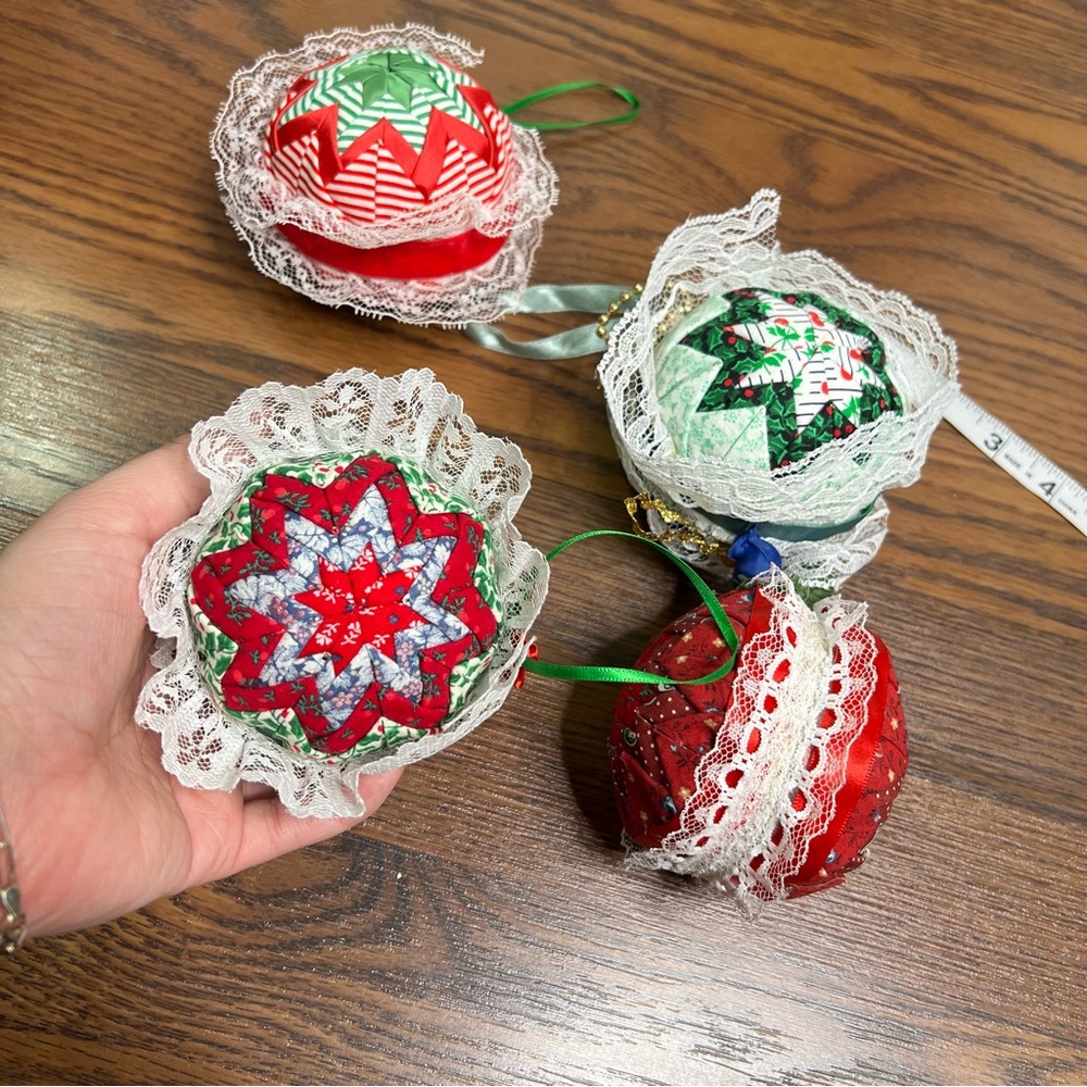 Christmas Ornaments, Patchwork/Quilted, Lace, all handcrafted. Vintage.